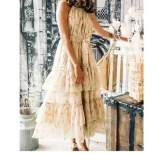 🆕Senlis Red & Gold Leaf Stephanie Tiered Ruffle Tie-Waist Sleeveless Dress S🆕
